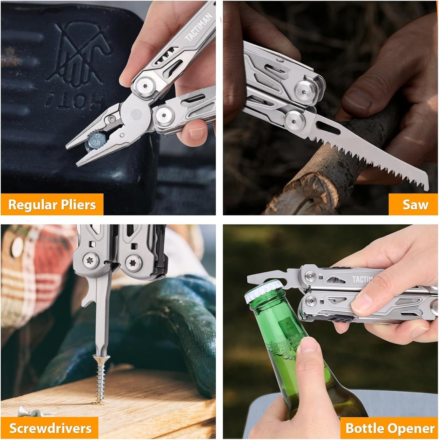 TACTIMAN Multitool Pliers Pocket Knife Camping Hiking Gear Multitool Knife 16-in-1 Multi Tool Saw Scissors Wire Cutter Stripper Screwdrivers Bottle Can Opener Tool Gifts for Men for Camping Hiking EDC