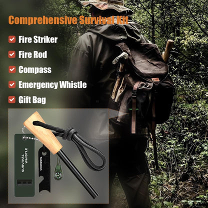 Ferro Rod Fire Starter Survival Tool – 3/8" Thick Fire Steel with 20,000 Strikes – Waterproof Flint and Steel Kit, Ferro Rod with Striker Wood Handle, Lanyard, Compass, and Emergency Whistle