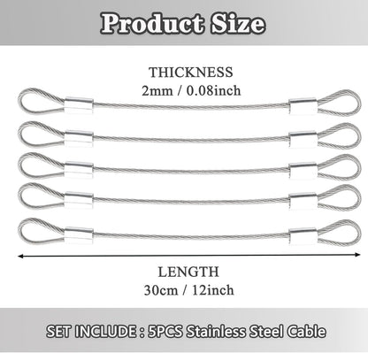Stainless Steel Cable with Loops, Vinyl Coated Wire Rope Lanyard Lock Security Chains for Outdoor Gates, Stage Lighting, Luggage Lock Wire Rope with Loops 2mm Thickness 12inch Length - 5 Packs