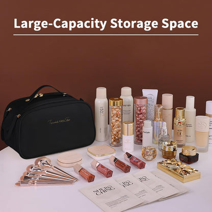 Ogetok Leather Makeup Bag for Women, Portable Travel Cosmetic Bags Zipper Make Up Pouch for Ladies Woman, Large Toiletry Organizer Bag for Toiletries Cosmetics Accessories, Black