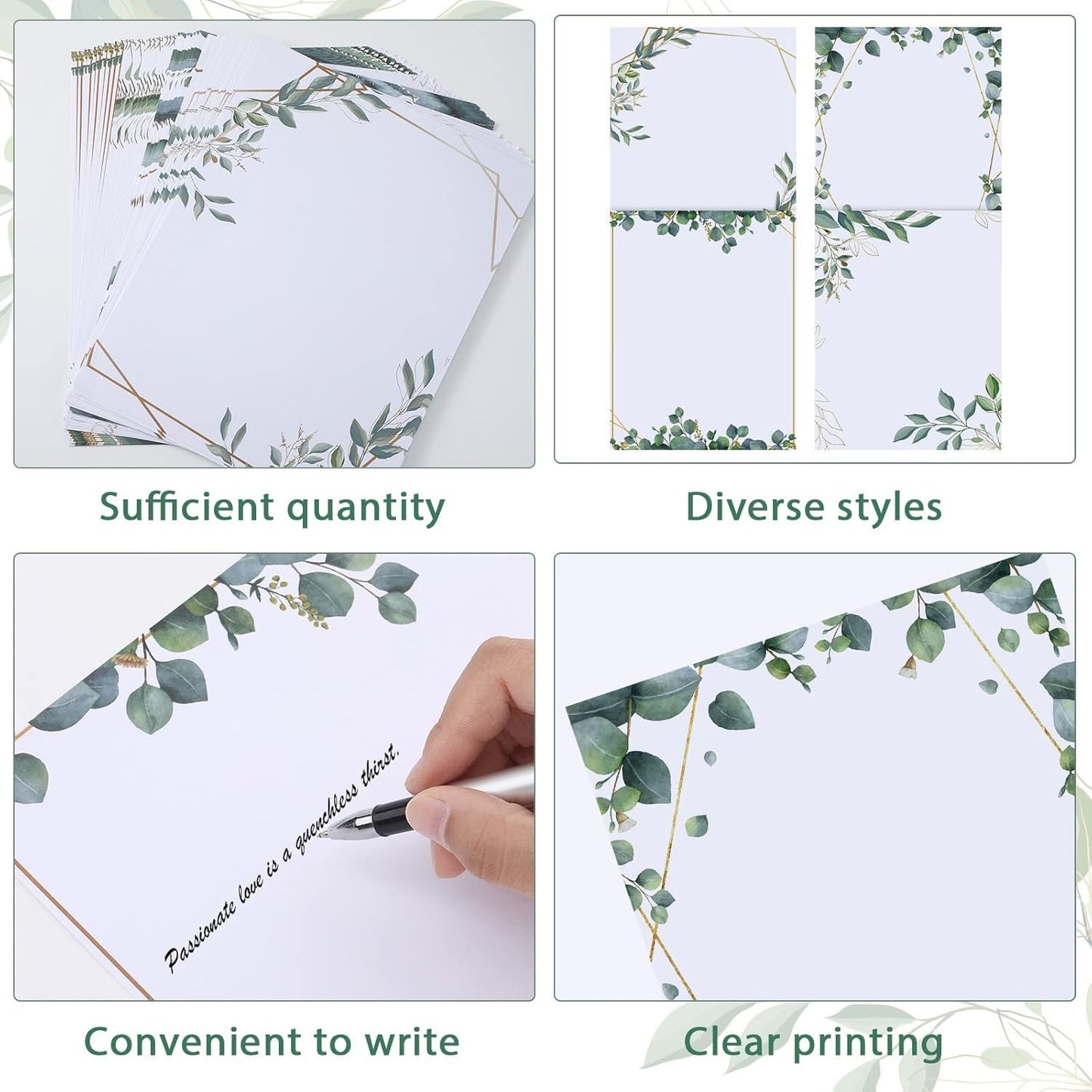 Teling 48 Sheets Decorative Printer Paper Writing Scrapbook Wedding Program Paper 8.27 x 10.6 Inches Greenery Flower Border Writing for Drawing Office Thank Greeting Stationery Supplies(Eucalyptus)