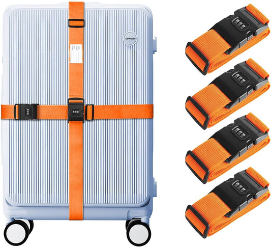 AZPPANXI 4 Pack Luggage Strap with Combination Lock Suitcase Tags, 78"x2" Adjustable Suitcase Belts, Heavy Duty Non-Slip Suitcase Belt Strap Luggage Accessories, Orange