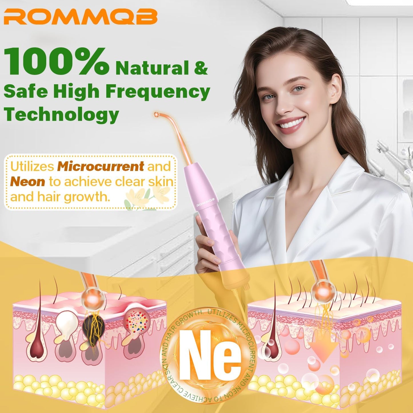 High Frequency Wand - ROMMQB Professional High Frequency Facial Machine with 4 Orange Neon Tubes, Portable Skin Therapy Wand Device for Skin Tightening, Wrinkles, Acne, Hair Growth Skincare Tools