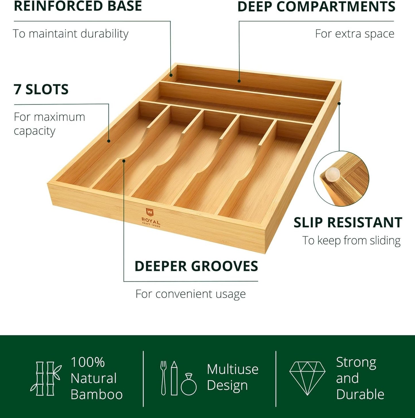 Bamboo Kitchen Drawer Organizer - Expandable Silverware Organizer/Utensil Holder and Cutlery Tray with Grooved Drawer Dividers for Flatware and Kitchen Utensils (Natural, 7 Slots)