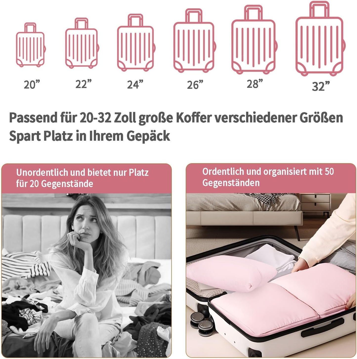 Suitcase Organizer, 6 Pieces Suitcase Packing Organizer, Lightweight Luggage Organizer, Backpack, and Three Travel Bottles (Pink)