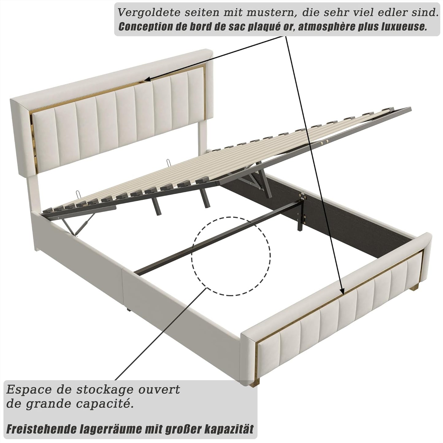 BRILVERDE Double Padded Bed, 160 x 200 cm, Bed Frame with Storage Compartment and Slatted Base, Hydraulic Bed with Headboard, Velvet (Open White, 160 x 200 cm)