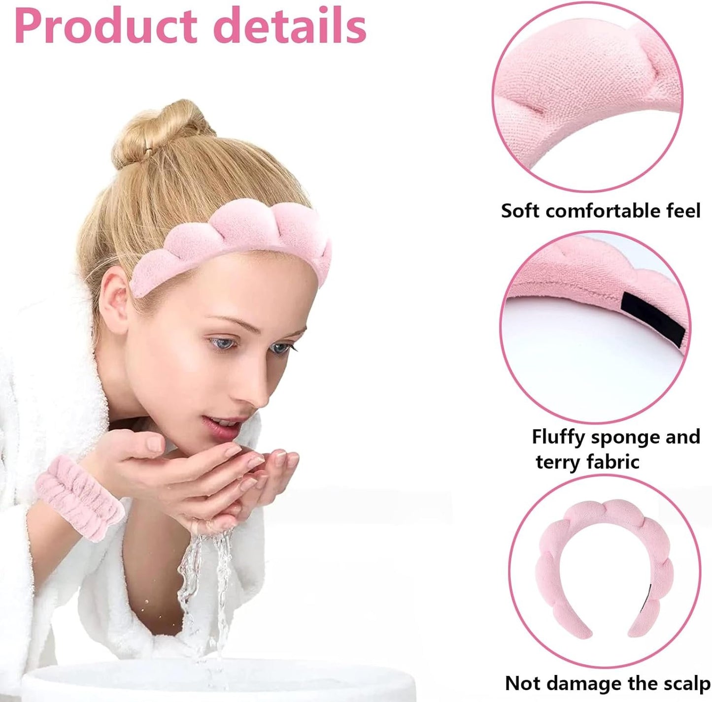Spa Headbands for Women,3 Pcs Makeup Headband and Wrist Washband Set Skincare Headbands,for Face Washing, Spa,Shower, Makeup Removal Hair Accessories(Pink)