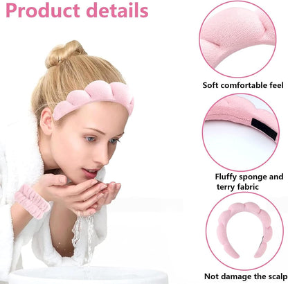 Spa Headbands for Women,3 Pcs Makeup Headband and Wrist Washband Set Skincare Headbands,for Face Washing, Spa,Shower, Makeup Removal Hair Accessories(Pink)