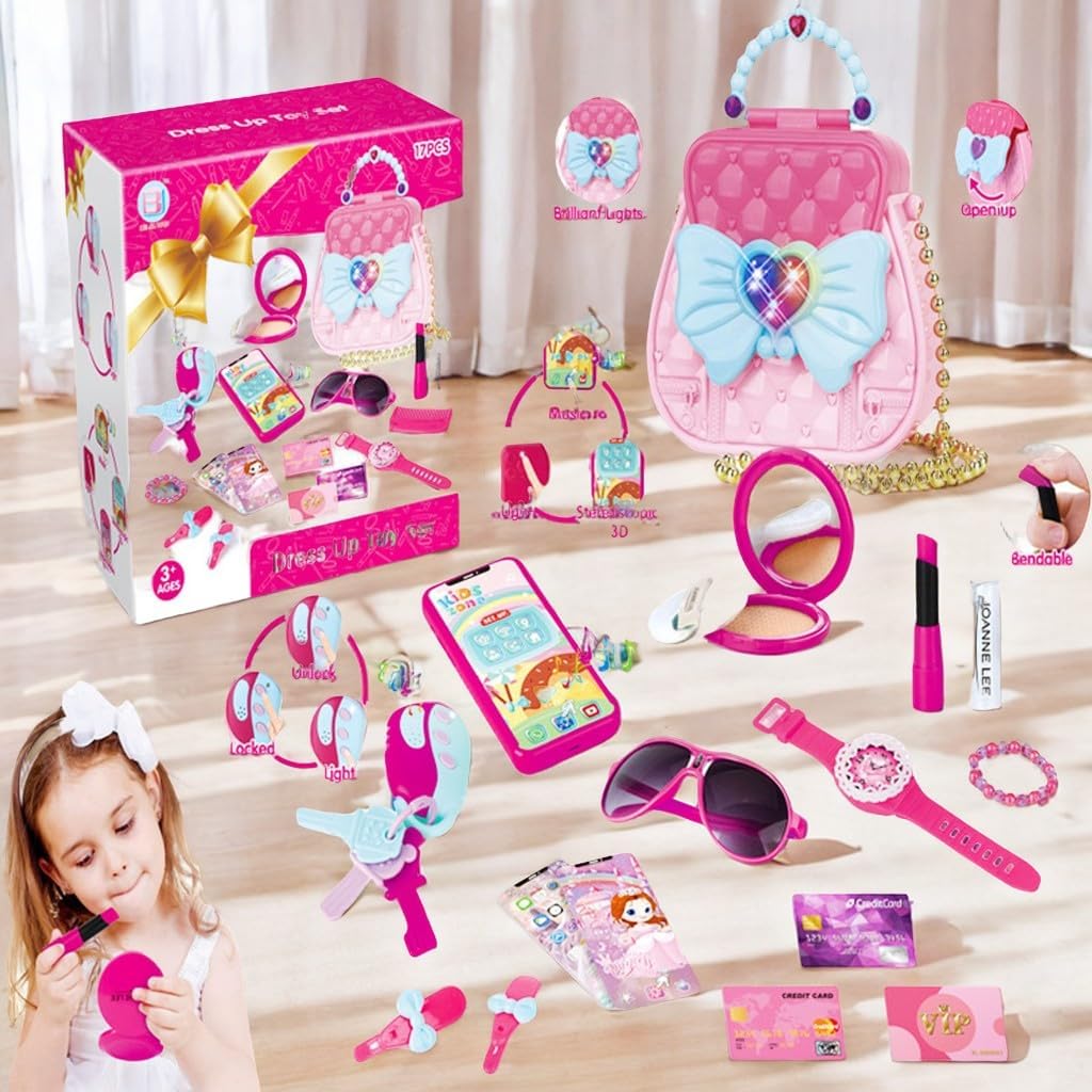 FGXY Girl My First Set of Handbags, 17 Pieces Pretend Play Bags Accessories Princess Make Up Accessories Keys Play Lipstick Bracelet Cute Hand Bag Smartphone with Lights and Sound