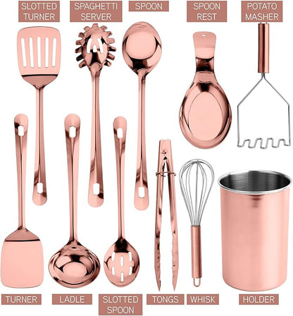 COOK WITH COLOR Kitchen Utensil Set - 10-piece premium Nonstick & Heat Resistant Kitchen Gadgets, Turner, Spaghetti Server, Serving Spoons, Whisk, Tongs, Masher & Utensil Holder, Rose Gold