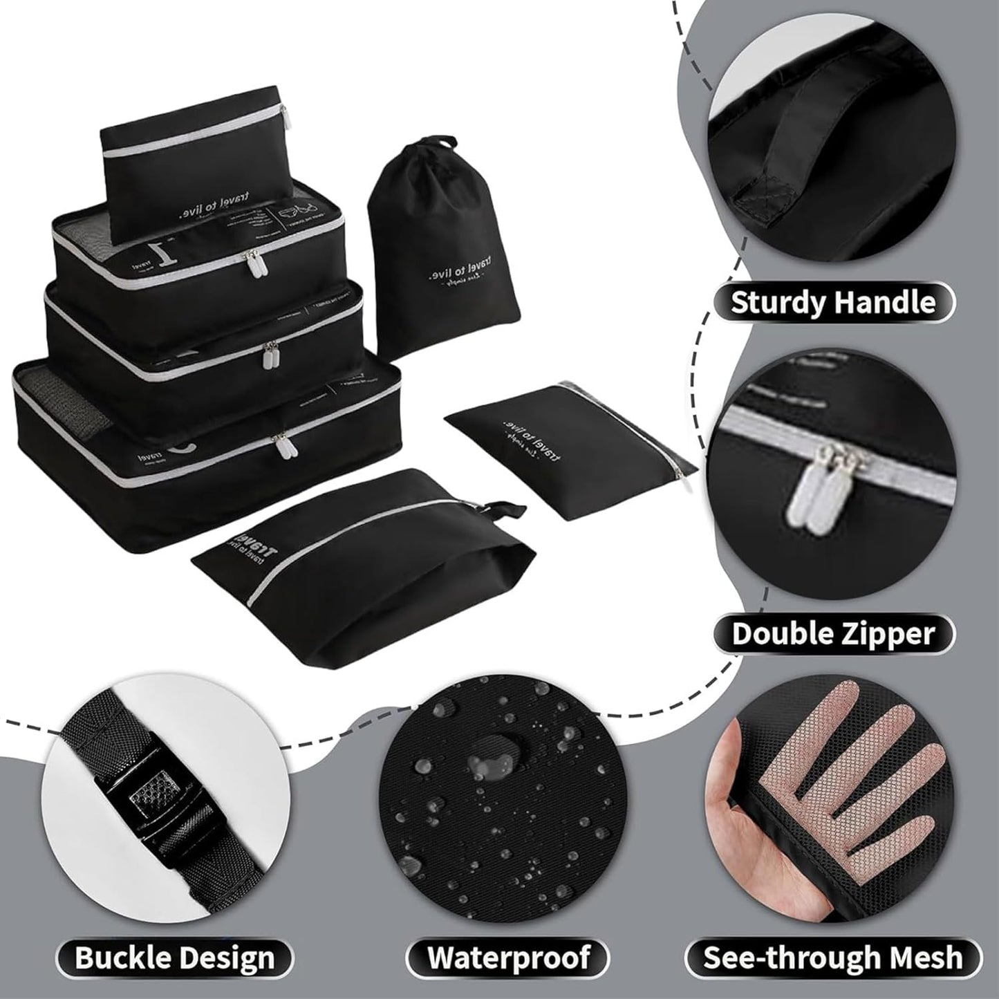 Packing Cubes Compression Suitcase Organizer with Zipper, Set of 7, Useful Accessories, Travel Suitcase Set, Black