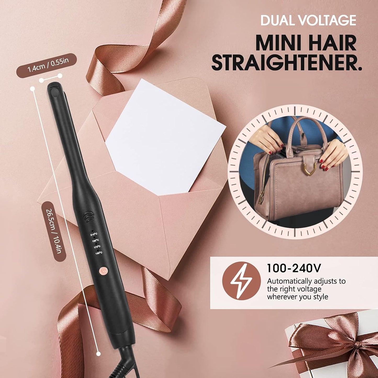 HyAdierTech 2in1 Mini Ceramic Short Hair Straighteners, Mini Straightener for Short Hair, Portable, Adjustable Temperature 150℃-210℃, Dual Tension, Suitable for Men and Women, Black