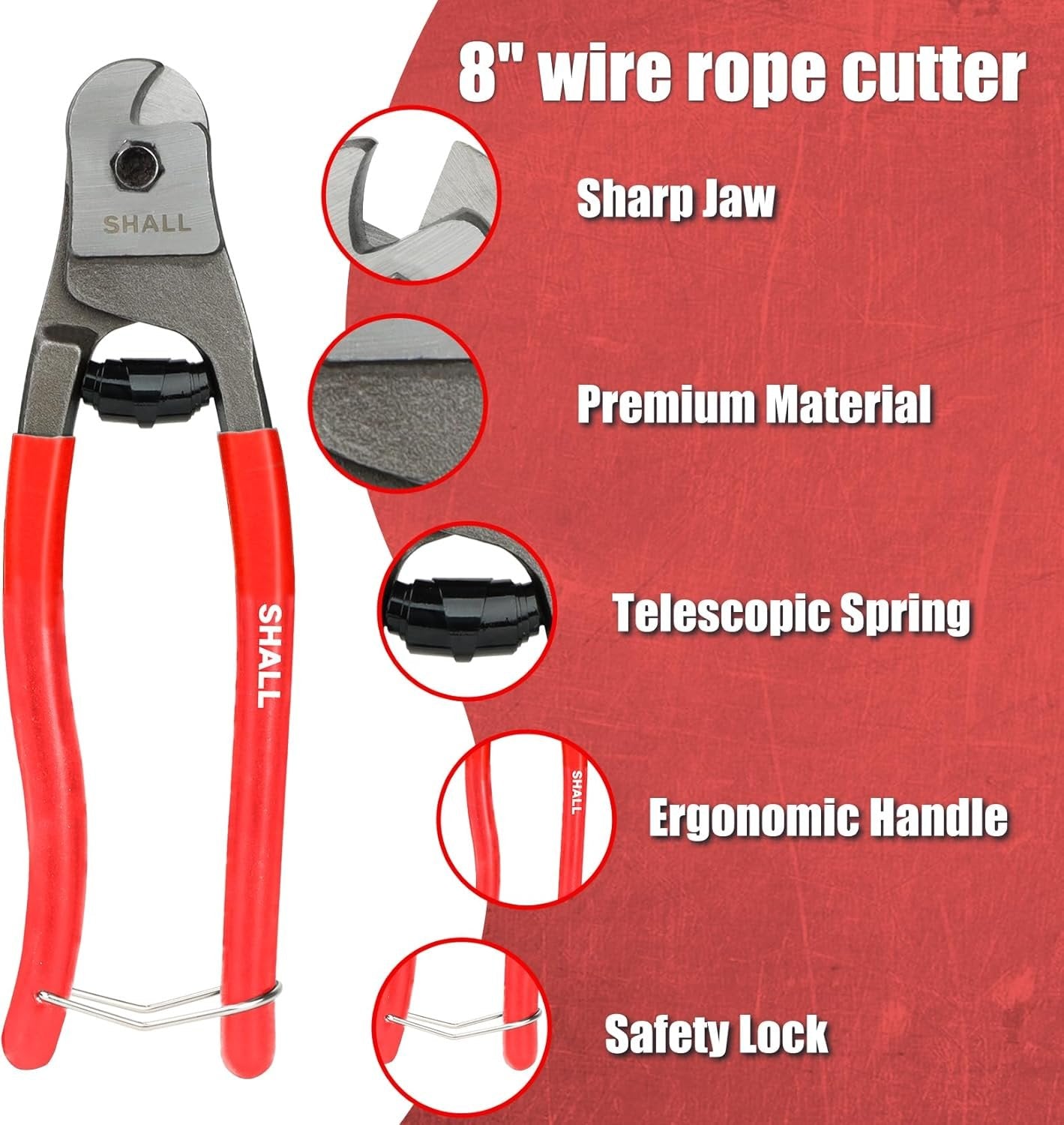 SHALL 3-Piece Bolt Cutters, 14" Heavy Duty & 8" Mini, 8" Wire Rope Cutter, Ergonomic Handle, More Efficient Leverage for Cutting Locks, Chains, Iron Wire, Carrying Case Included