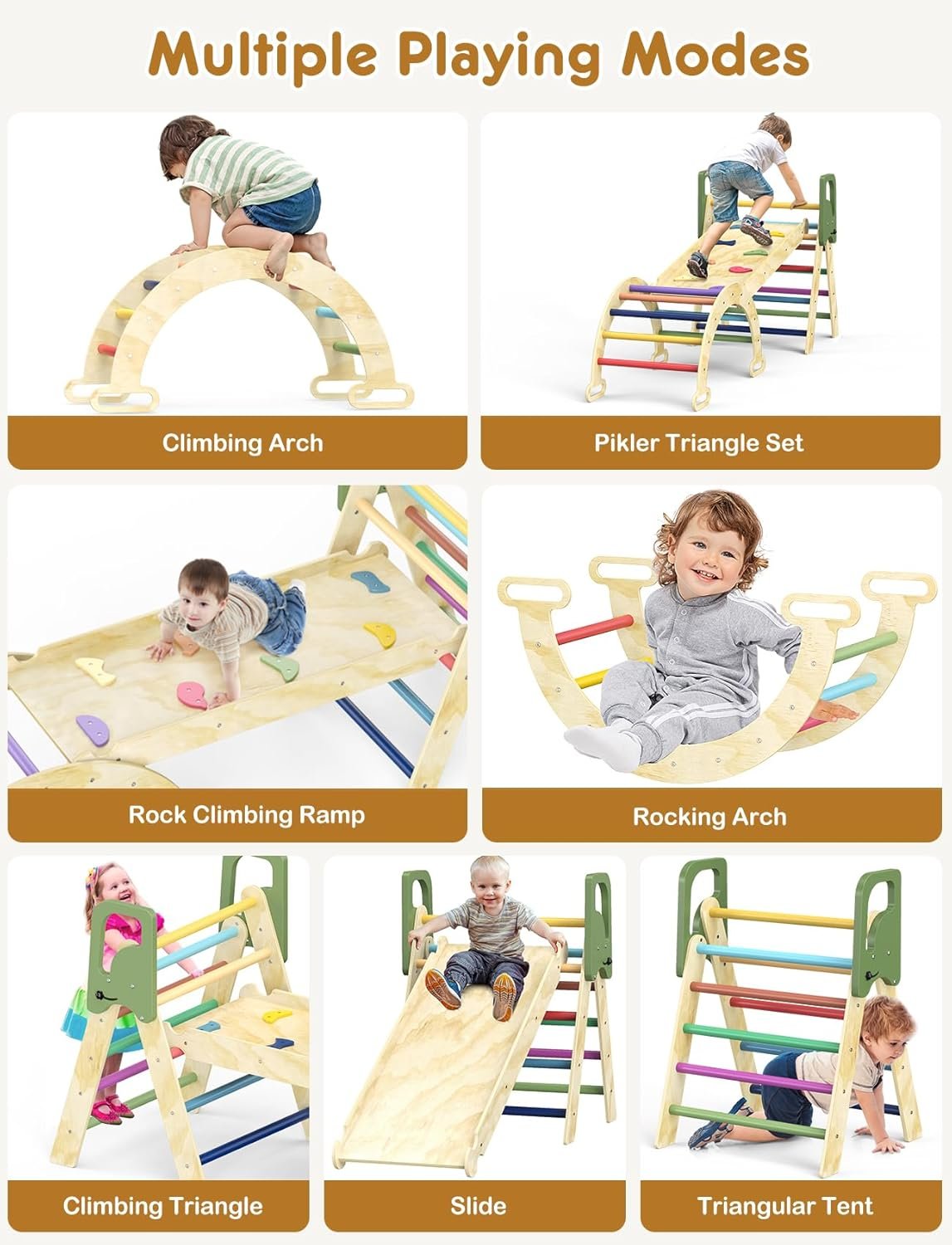 Pikler Triangle Set, 8-in-1 Indoor Jungle Gym with Kids Play Tunnel, Indoor Playground Jungle Gym for 1-3 Years Old, Wooden Montessori Climbing Set with Arch, Ramp & Ladder for Toddlers, Kids(S)