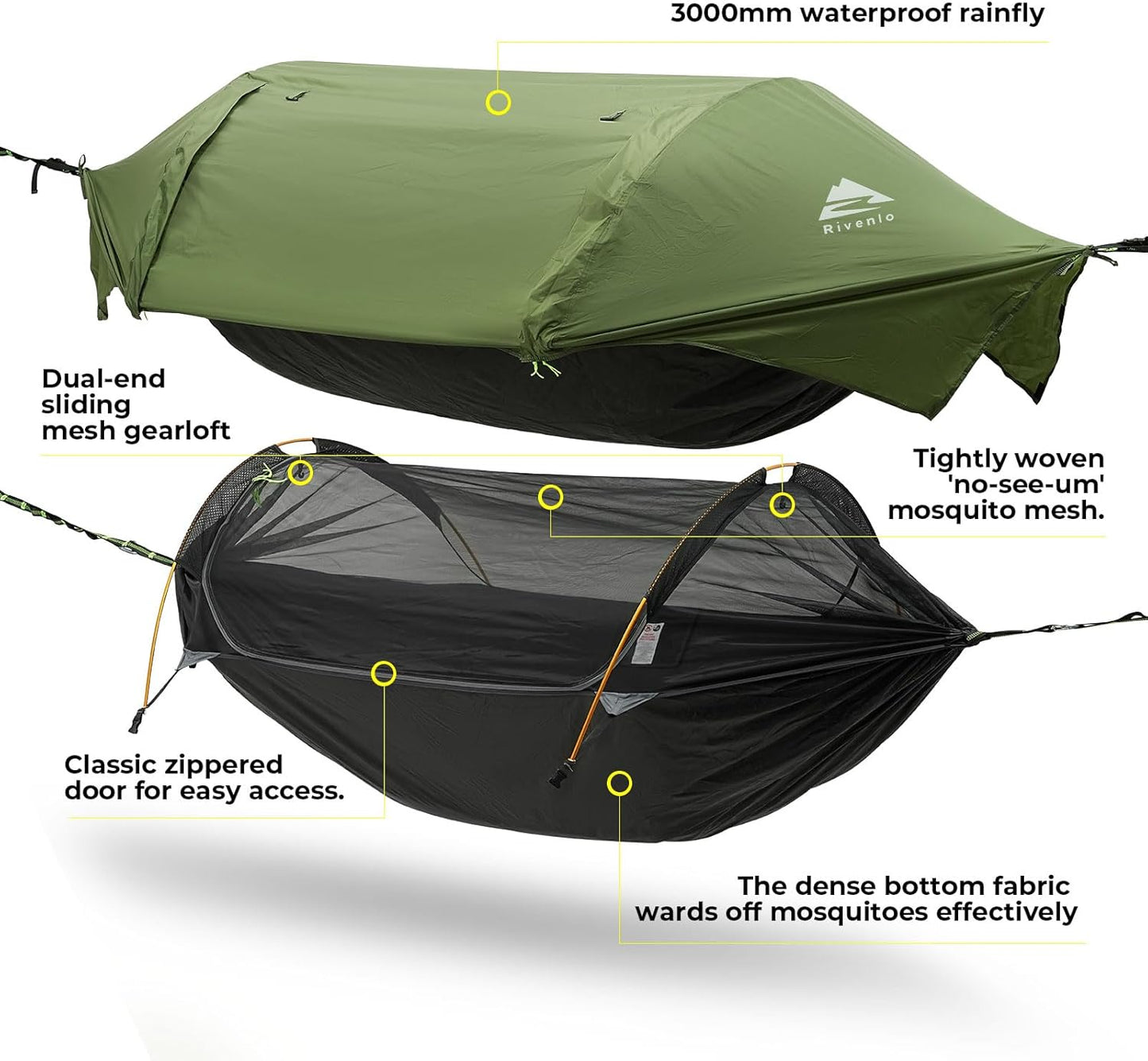 Rivenlo Camping Hammock Tent with Mosquito Net & RainFly, 3 in 1 Waterproof Lightweight Portable Sleeping Hammock Bug Backpacker Travel Outdoor Gear with Tree Strap Swing, for Hiking Patio Expedition