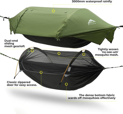 Rivenlo Camping Hammock Tent with Mosquito Net & RainFly, 3 in 1 Waterproof Lightweight Portable Sleeping Hammock Bug Backpacker Travel Outdoor Gear with Tree Strap Swing, for Hiking Patio Expedition