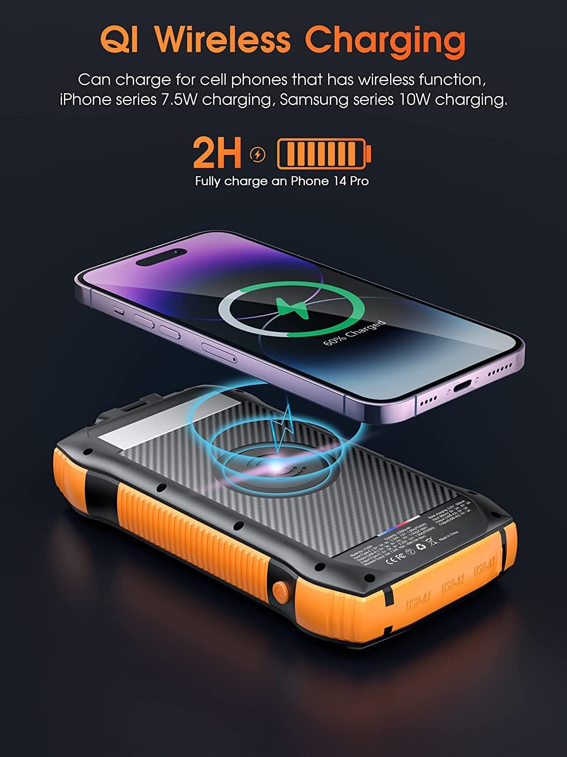Solar Power Bank, 26800mah Portable Charger PD 20W & QC3.0 18W & Wireless 10W with 5 Outputs 2 Inputs Fast Charging Waterproof 6W LED Flashlight for iPhone 15/14/13, Galaxy, iPad, Tablets (26800mAh)