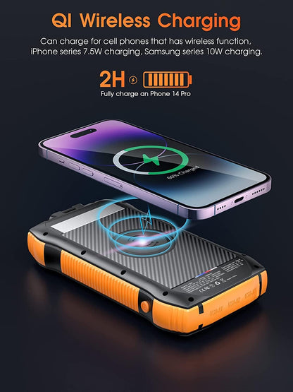 Solar Power Bank, 26800mah Portable Charger PD 20W & QC3.0 18W & Wireless 10W with 5 Outputs 2 Inputs Fast Charging Waterproof 6W LED Flashlight for iPhone 15/14/13, Galaxy, iPad, Tablets (26800mAh)