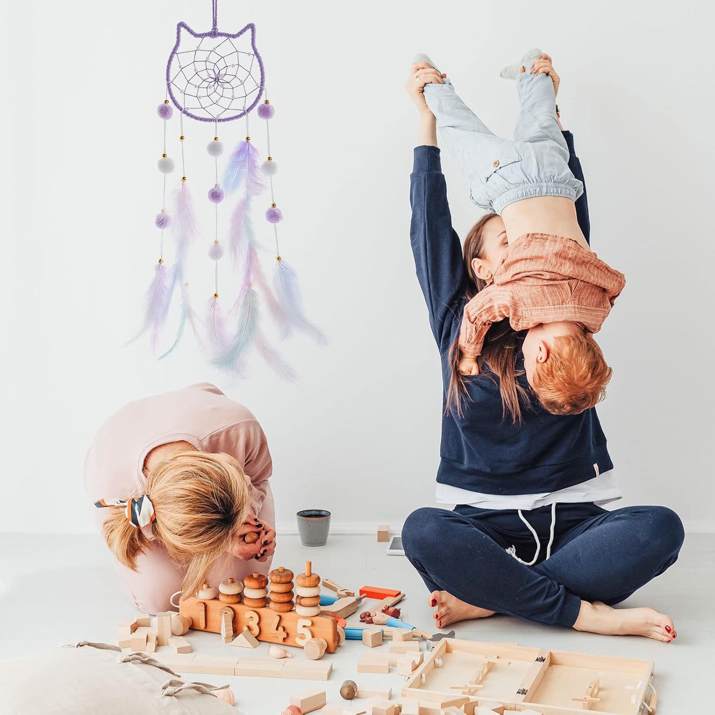 Pretty Jolly Purple Cat Kids Dream Catcher Wall Decor Pompom Feather Baby Dreamcatcher Handmade Children Dream Catcher Home Décor Wall Hanging for Nursery Bedroom Boys Girls Birthday Gift-25.6in