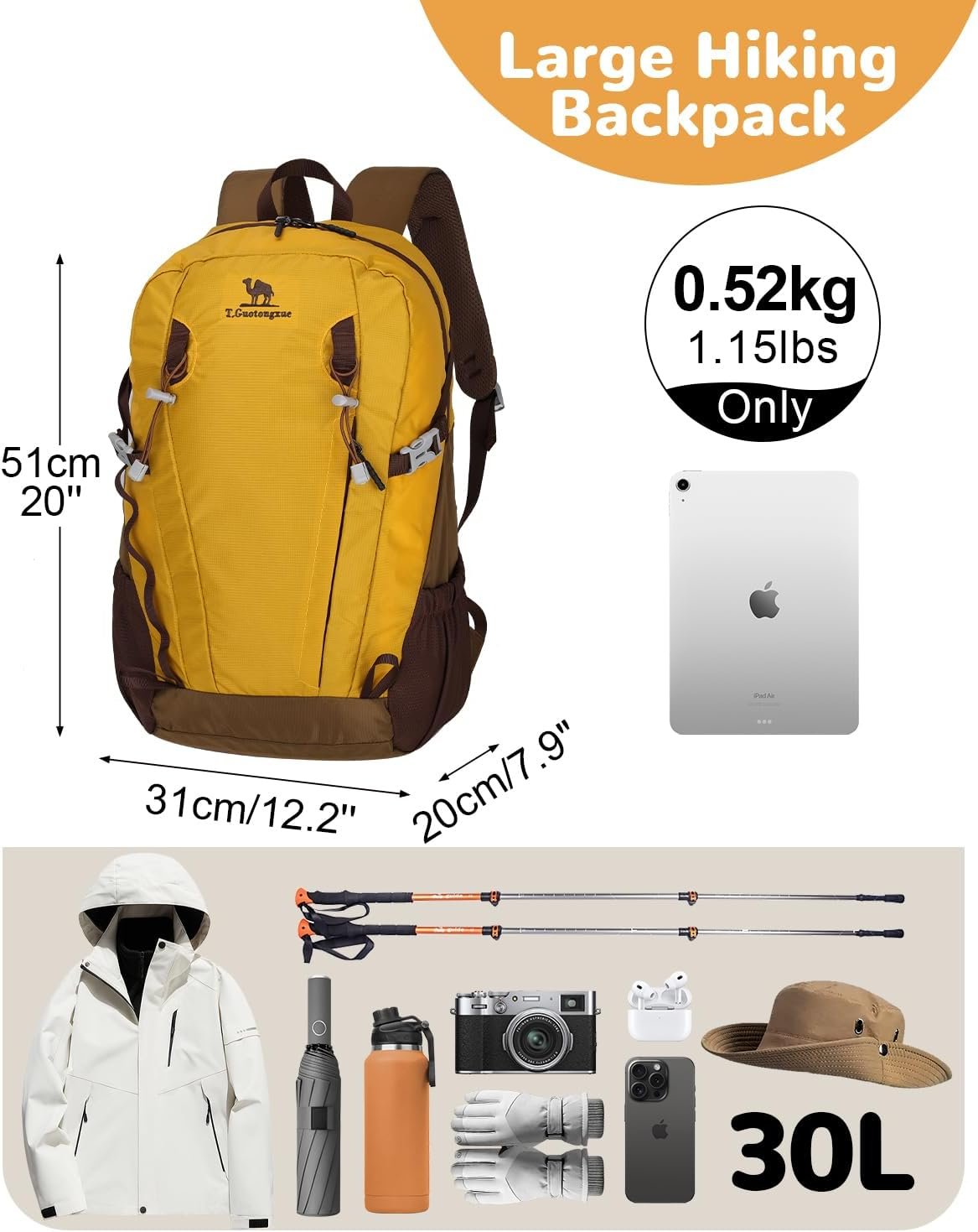 Outplea 30L Hiking Daypack for Men Women, Travel Hiking Backpack, Breathable Waterproof Outdoor Rucking Backpack