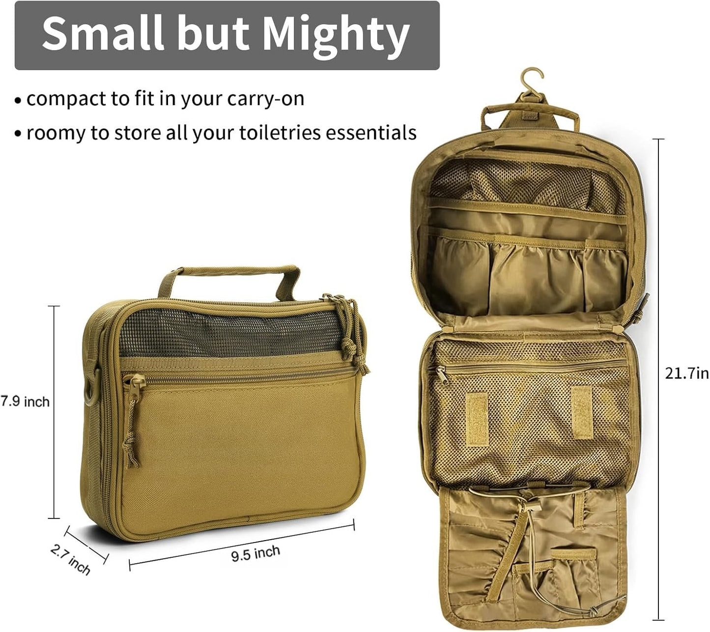 SMONT Mens Toiletry Travel Bag With Double Side full Open Design Travel Toiletry Organizer Dopp Kit Shaving Hygiene Bag Bathroom Hanging Toiletry Bag for Short Trips Tactical Toiletry Bag, Khakiï¼ˆNo