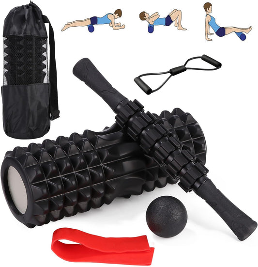 Zaxiva 5 in 1 Foam Roller Set, High Density Roller Pilates, Massage Roller, Muscle Massage Ball, Tensioner, Resistance Band for Massage, Fitness Exercises Pilates Equipment