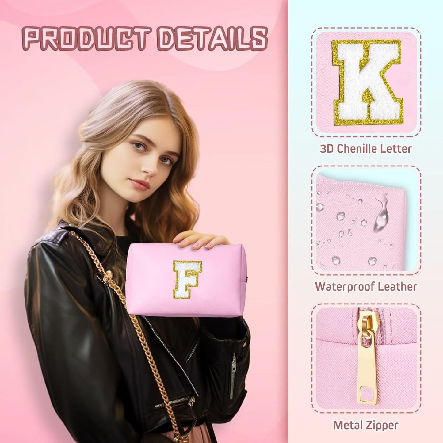 TOPEAST Graduation Gifts - Initial Makeup Bag, Birthday Gifts for 4 5 6 7 8 9 10 11 12 Year Old Girls, Personalized Preppy Cosmetic Bag | Leather Toiletry Bag (Pink A)