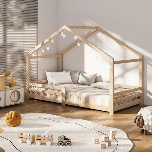 OIKITURE Single Bed Frame Day Beds, Wood Montessori Baby Toddler Kids Toddler Loft Floor Daybed Platform, Wooden Timber Frames Base for Bedroom Room Decor Home Furniture