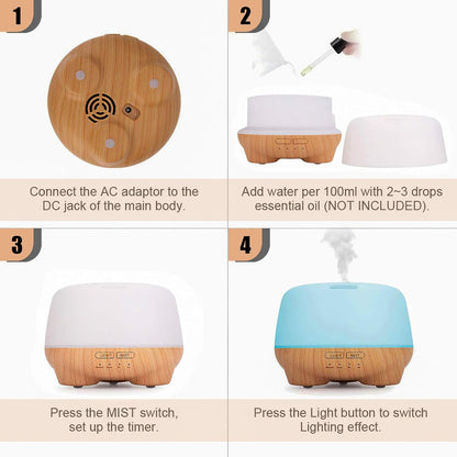 SK Depot Essential Oil Diffuser 500ml Ultrasound Aromatherapy Diffusers Remote Control Air Quiet Diffuser Aroma Diffusers Humidifier 7 Colors of Lights and for Bedroom Yoga Spa (Light Wood)