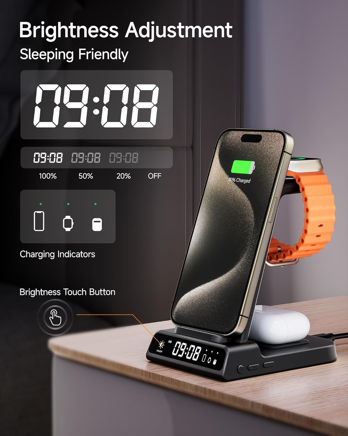 Wireless Charger Stand for iPhone, 3 in 1 Charging Station for Apple Watch Ultra 2/Ultra/10/9/8/7/6/5, Charger Dock with Clock for iPhone 16 15 14 13 12 11 X Pro Max, AirPods 4/3/Pro(No Adapter)