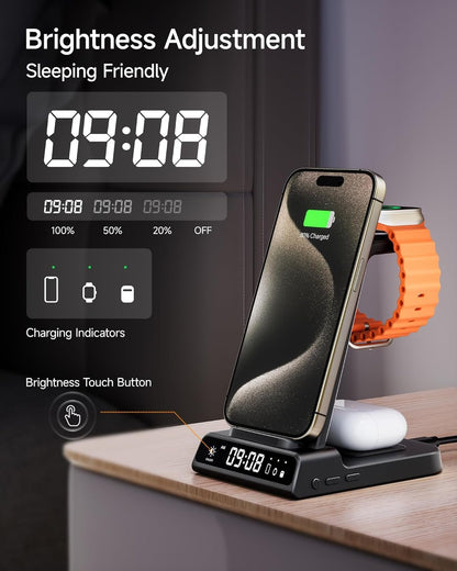 Wireless Charger Stand for iPhone, 3 in 1 Charging Station for Apple Watch Ultra 2/Ultra/10/9/8/7/6/5, Charger Dock with Clock for iPhone 16 15 14 13 12 11 X Pro Max, AirPods 4/3/Pro(No Adapter)