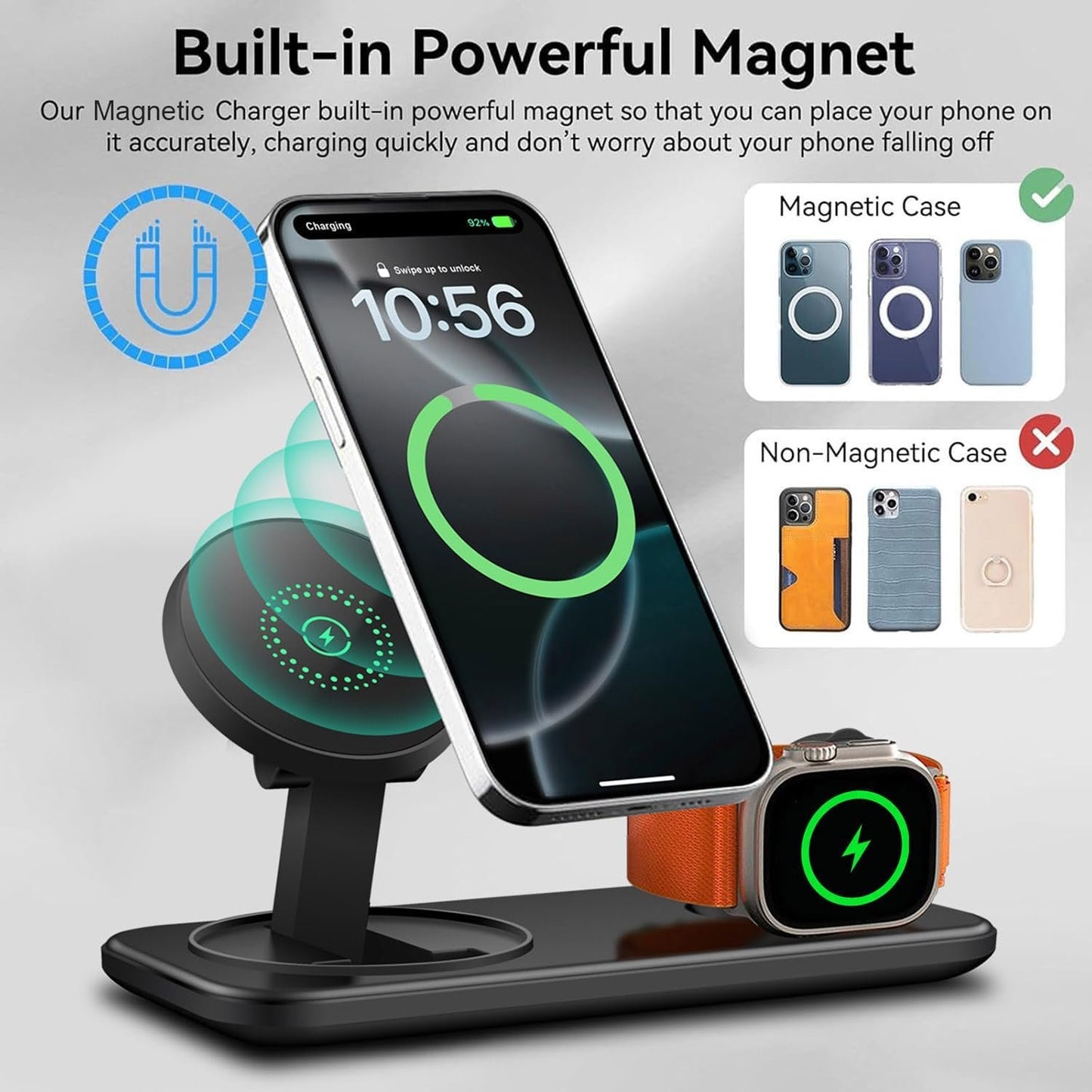VNBBT 2 in 1 Wireless Charger for Mag-Safe Charging, 15W Fast Magnetic Wireless Charging Pad Stand for iPhone 16/15/14/13/12/Pro/Pro Max/Plus,AirPods,Apple Watch Series 10/9/8/7/6/SE/5/4/3/Ultra 2