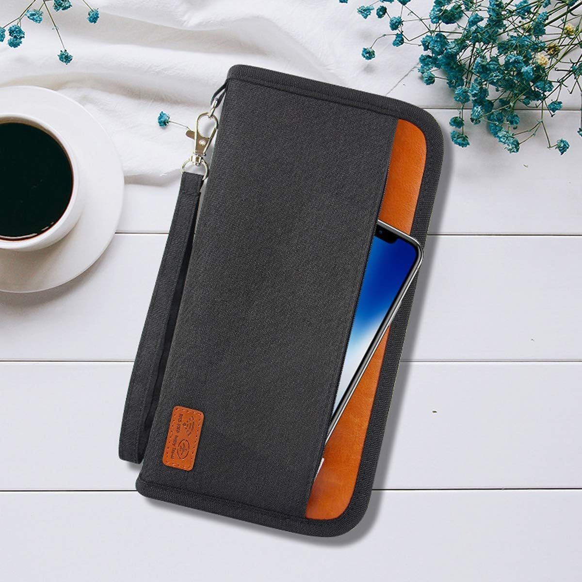 RFID Blocking Passport Wallet, RUMANLE Family Travel Passport Holder Bag Waterproof Card Organiser with Hand Strap Zip,Ticket Cash Coins Holder Case for Outdoor Sporting Traveling - Black