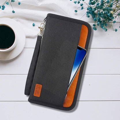 RFID Blocking Passport Wallet, RUMANLE Family Travel Passport Holder Bag Waterproof Card Organiser with Hand Strap Zip,Ticket Cash Coins Holder Case for Outdoor Sporting Traveling - Black