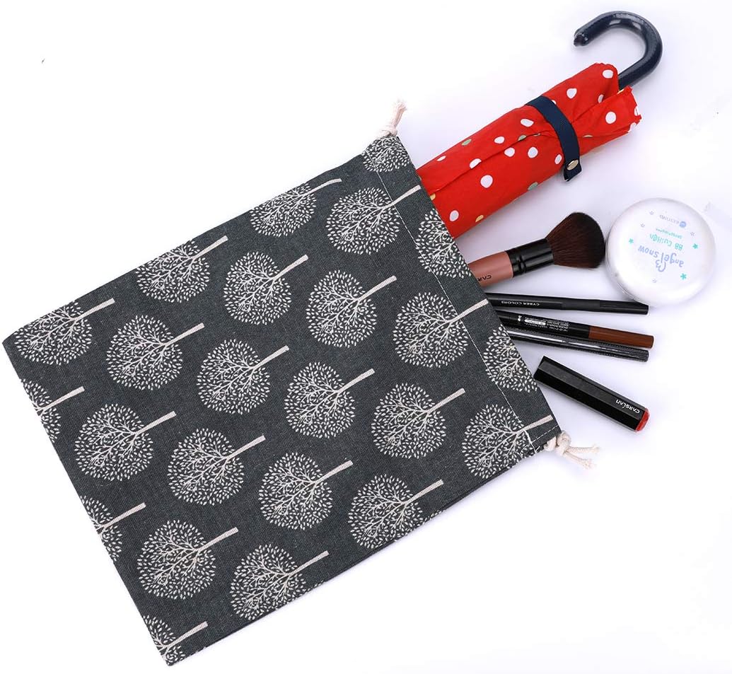 Amoyie Set of 4 Bags Organizer with Drawstring, Canvas Bag for Clothes Toys Travel Accessories (4 Different Sizes) - Grey Tree