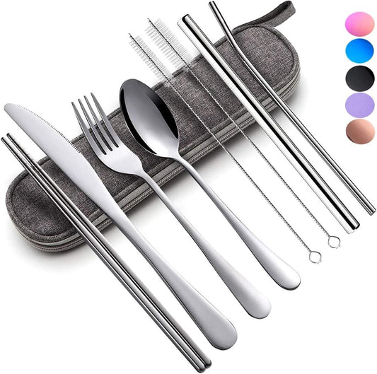 MKUCCD Travel Utensils with Case, Portable Travel Utensils Cutlery Set Stainless Steel Flatware Set for Camping 7pcs Including Dinner Knife Fork Spoon Chopsticks (Silver)