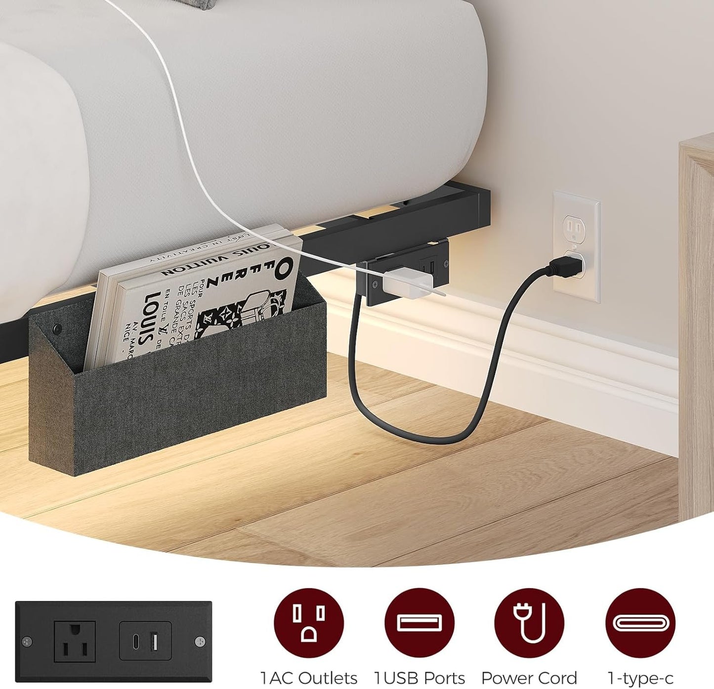 MAHANCRIS King Size Floating Bed Frame, Metal Platform Bed with Power Strip and LED Strip, Metal Bed Frame with Storage Box, Soundless, No Box Springs Needed, Black