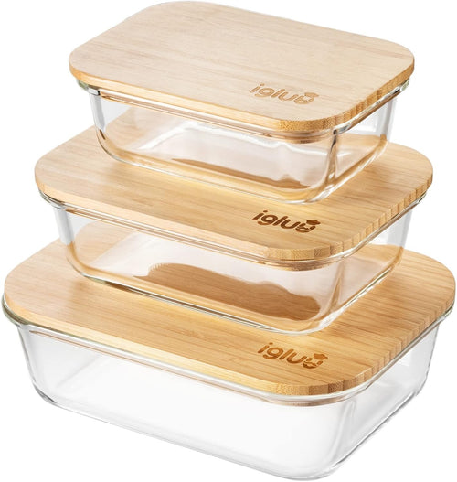 Igluu Meal Prep Glass Food Storage Containers (Set of 3), Eco-friendly Food Containers with Bamboo Lids, Nesting Glass Meal Prep Containers, Airtight Lunch Box, Plastic-free (with 3 stretchable bands)