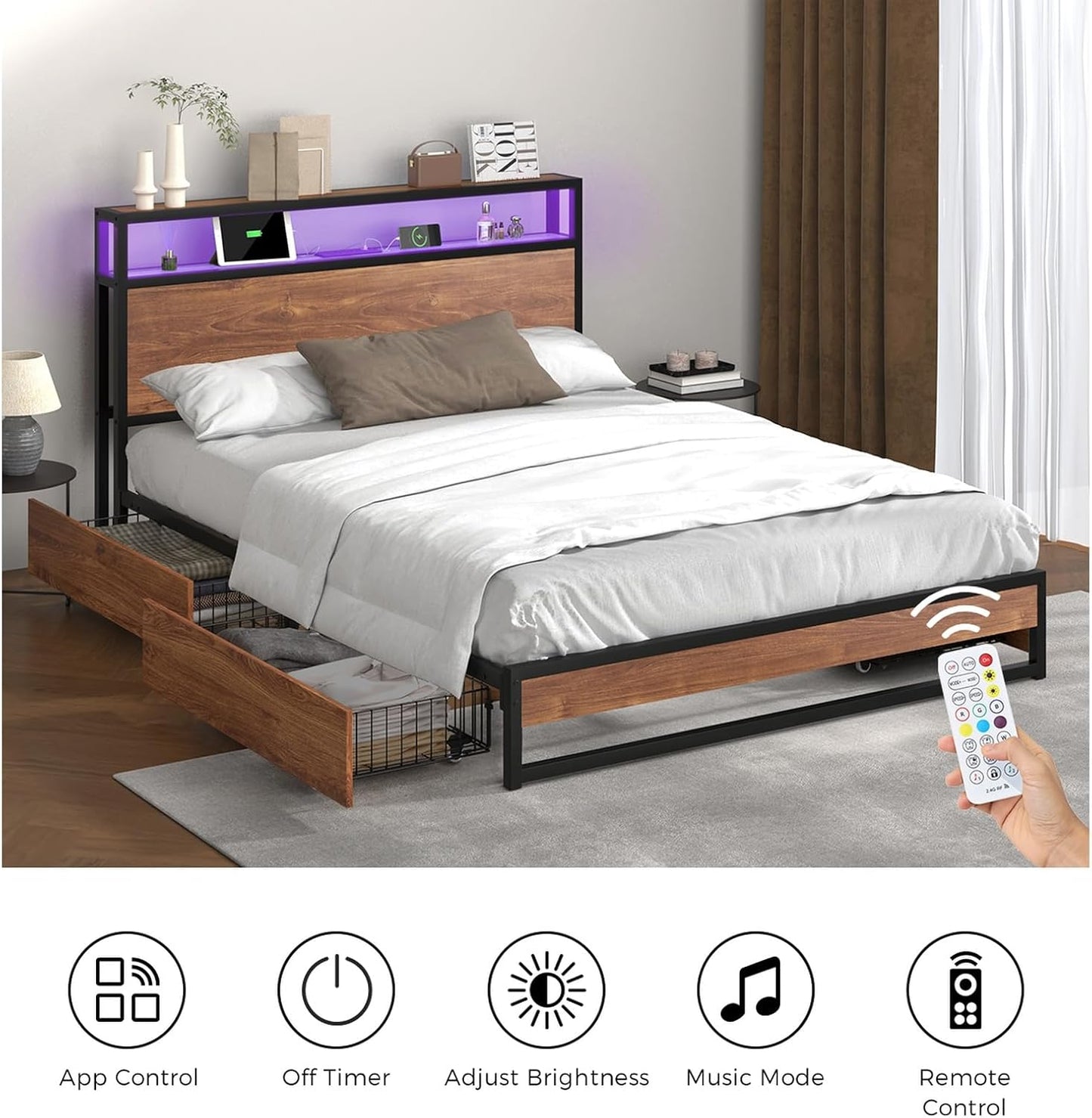 Oikiture King Bed Frame with Led Light and Charge Station Metal Bed with 4 Drawers