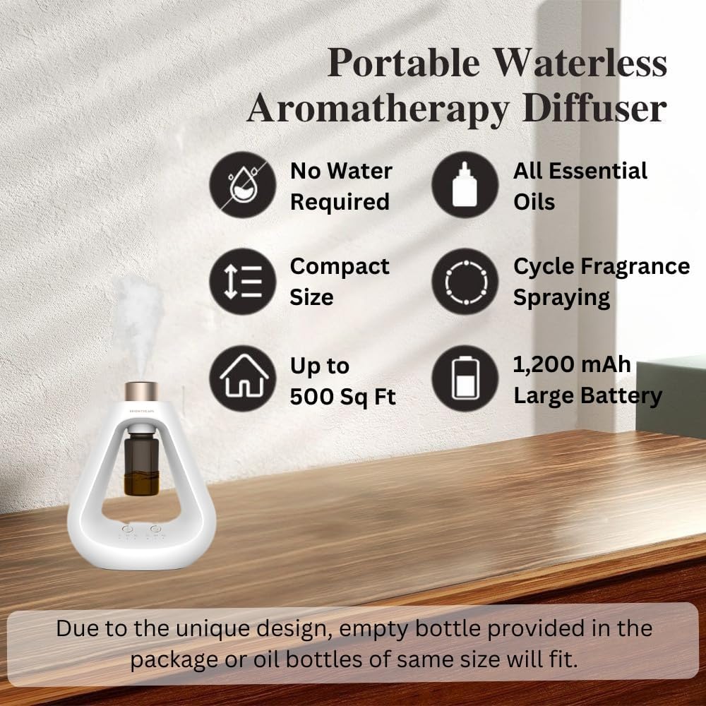 Waterless Oil Diffuser, Cordless Diffuser for Essential Oils, Aromatherapy Waterless Diffuser - Scent Diffusers for Home Bedroom Office Hotel, Small Diffusers for Essential Oils with 9 Mist Settings
