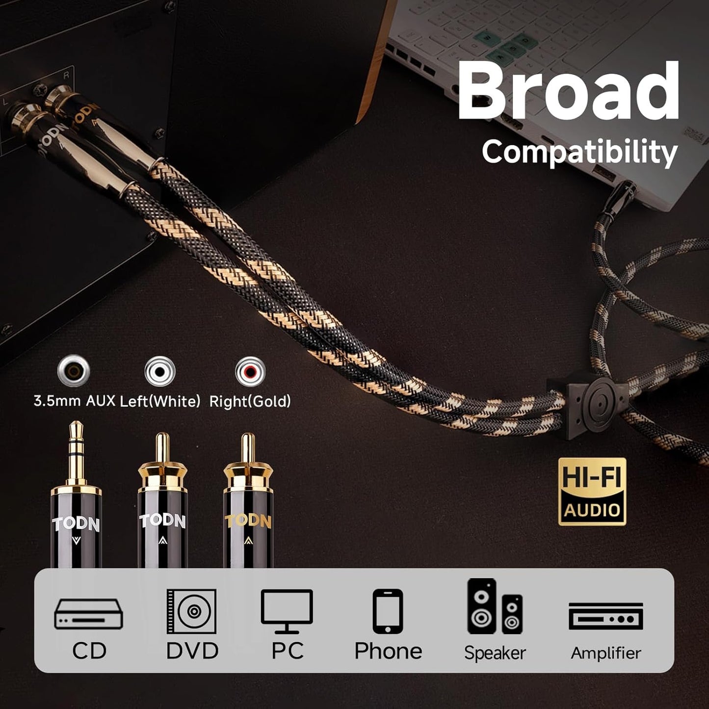 TODN Audiophile OCC Audio Cable 3.5mm Male to 2RCA Male Audio Auxiliary Stereo Y Splitter Adapter Cable(3.2ft/1M,Nylon)