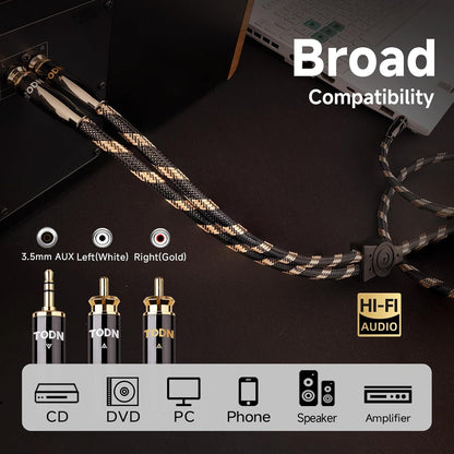 TODN Audiophile OCC Audio Cable 3.5mm Male to 2RCA Male Audio Auxiliary Stereo Y Splitter Adapter Cable(3.2ft/1M,Nylon)