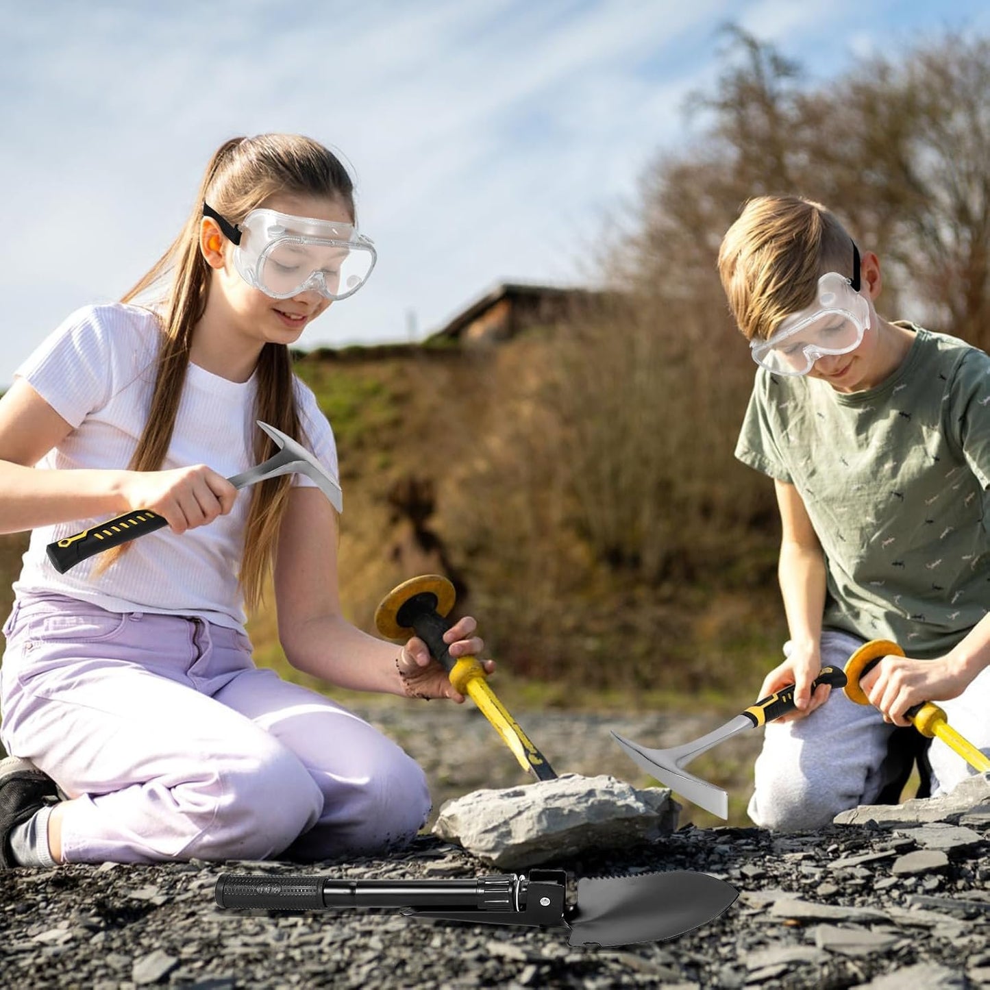 26oz Geologist Rock Pick Tool kits-12 Folding Multitool Shovel-Survival Bracelet-Safety Glasses-Jewelers Loupe-Gloves for Hounding Gold Mining Prospecting Stone Breaking Pry Rocks Loosen Soil