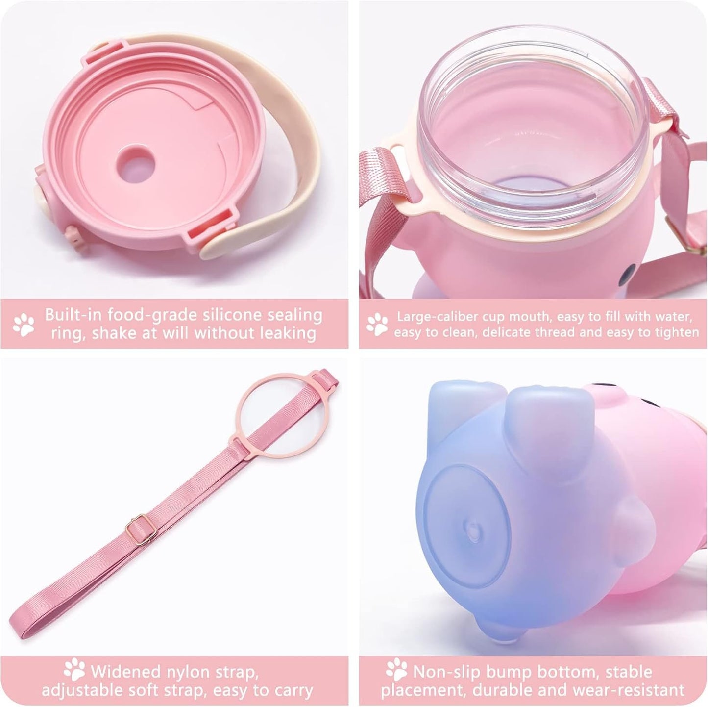 UPZAI Cute Bear Water Bottle: 32oz Kawaii Kids Water Bottles with Strap and Straw - Leak-proof Plastic Drinking Cups for Girls Women School Sports Camping Picnic Hiking Travel (Pink-blue)