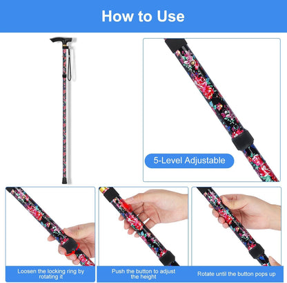 supregear Folding Cane, 5-Level Adjustable Height Walking Stick Lightweight Collapsible Portable Travel Cane with Wrist Strap and T Handle for Elderly Disabled Men Women