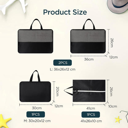 Cozary Set of 4 Double Sided Compression Bags, 3 Compression Cubes 1 Shoe Bag, Compression Packing Cubes Organizer Space-Saving Suitcase for Travel, Hiking and Cruises