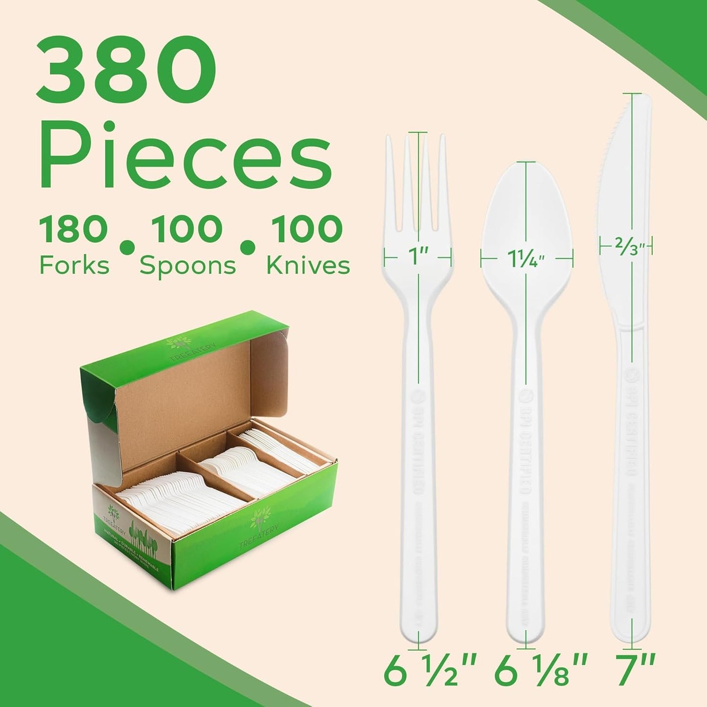 Treeatery - Compostable Cutlery Set, Plant-Based Disposable Utensils, Dishwasher-Safe Silverware, 380-Piece Set, Plant a Tree With Every Box, Ivory White