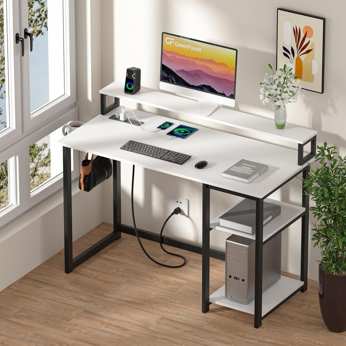 GreenForest 40 inch Home Office Desk with Power Outlets, Small Computer Desk with Ergonomic Monitor Stand, Reversible Gaming Desk, Modern Study Desk, Laptop Desk, White