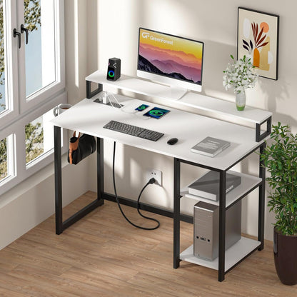 GreenForest 40 inch Home Office Desk with Power Outlets, Small Computer Desk with Ergonomic Monitor Stand, Reversible Gaming Desk, Modern Study Desk, Laptop Desk, White