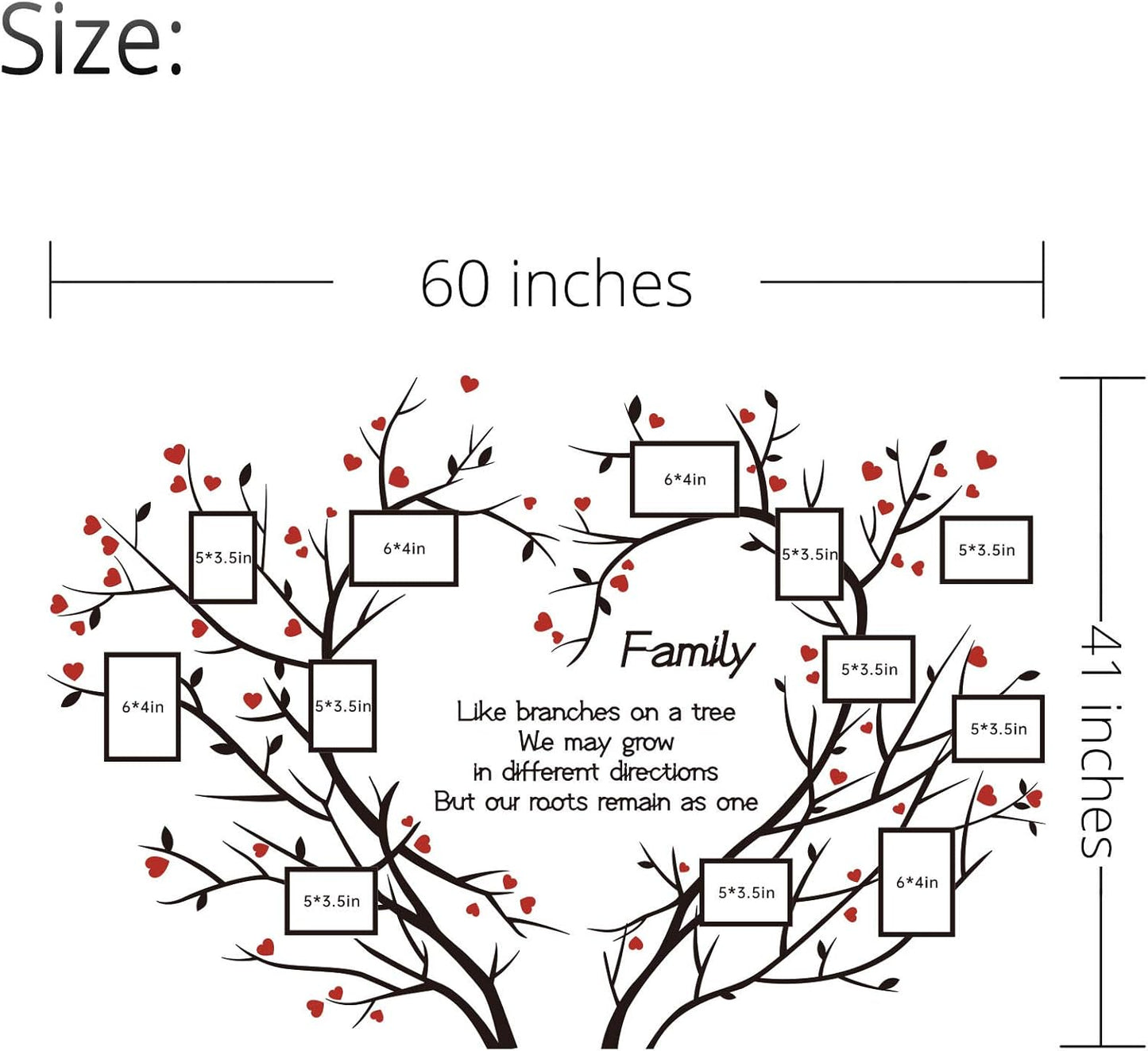 DecorSmart Love Family Tree Wall Decor Picture Frame Collage Removable 3D DIY Acrylic Wall Stickers for Living Room with Red Heart and Quote Family Like Branches on a Tree